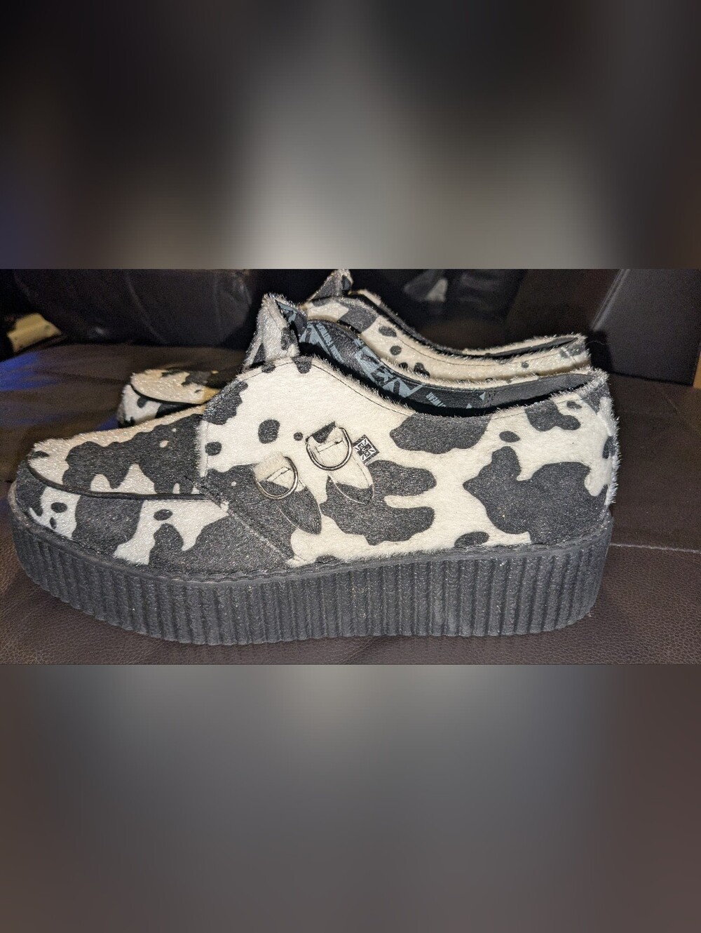 T.U.K Cow-Print Black and White Platform Creepers